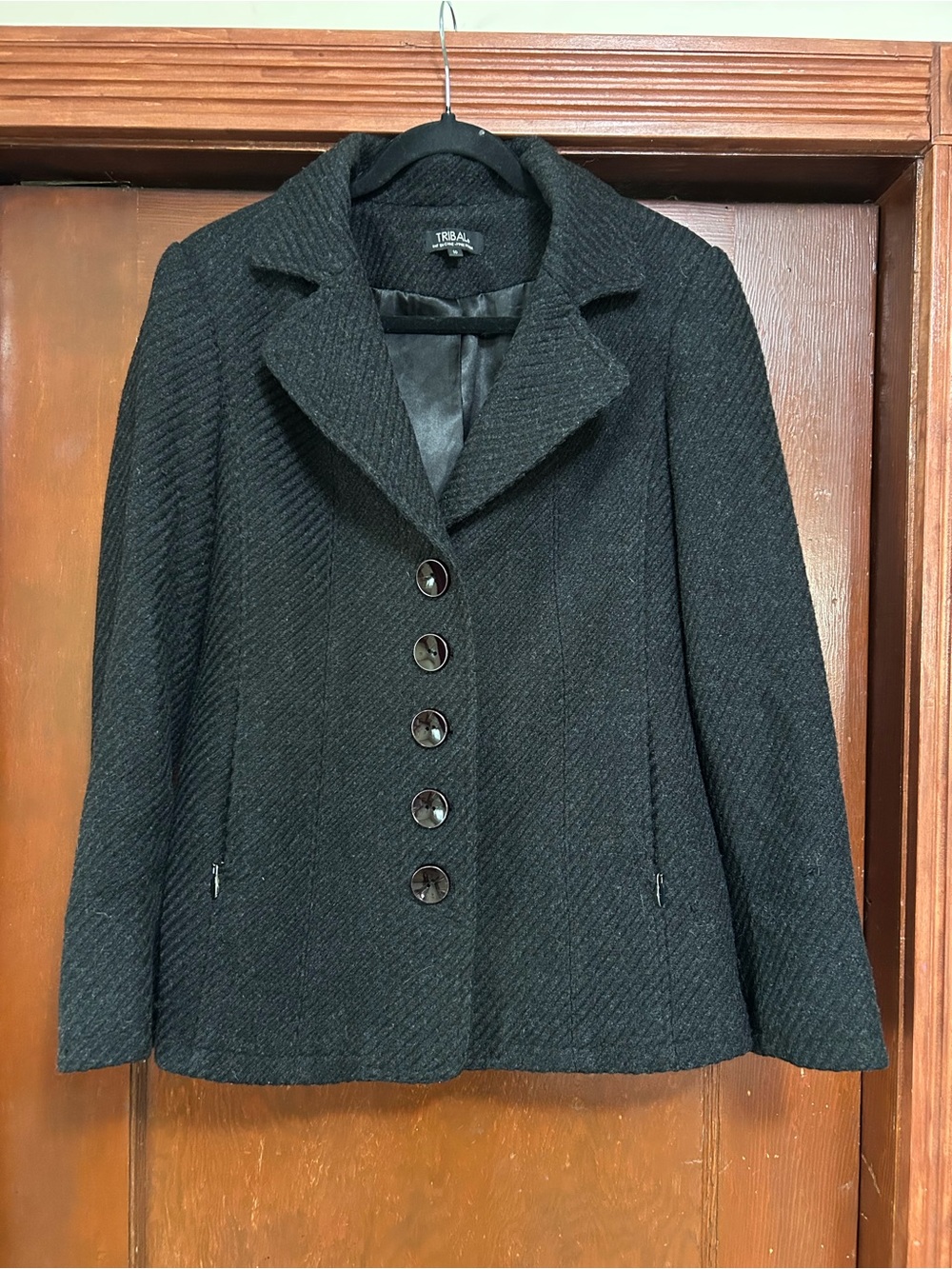 Tribal Charcoal Grey Textured Wool-Blend Button Front Pea Coat